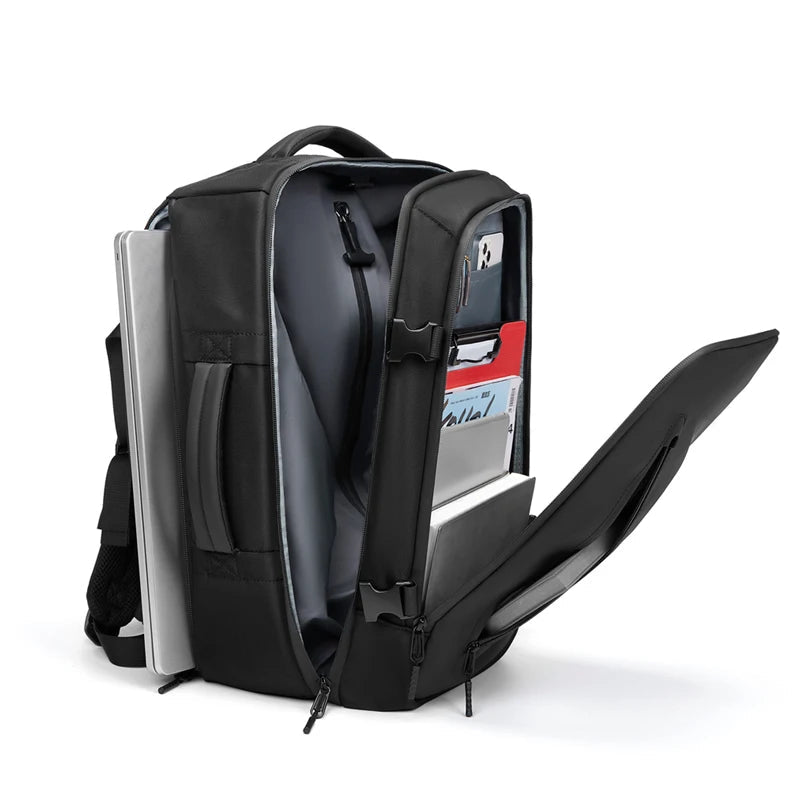 Safe & Save Bag™ with anti-theft compartments and expandable capacity, showing storage for a laptop and accessories.
